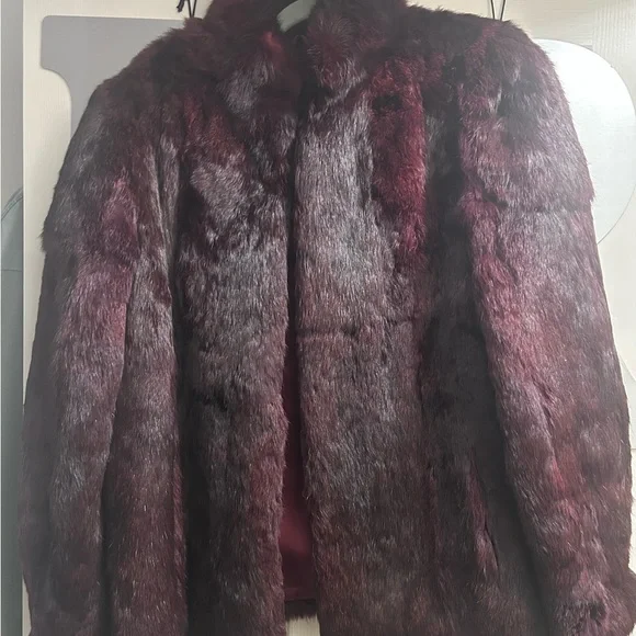 Women's Rabbit Fur Jacket - Burgundy - Picture 4 of 8